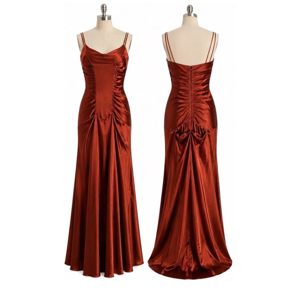 Jessica McClintock Bridal Vintage 1990s Rust Satin Ruched Gown Bustled Train 6